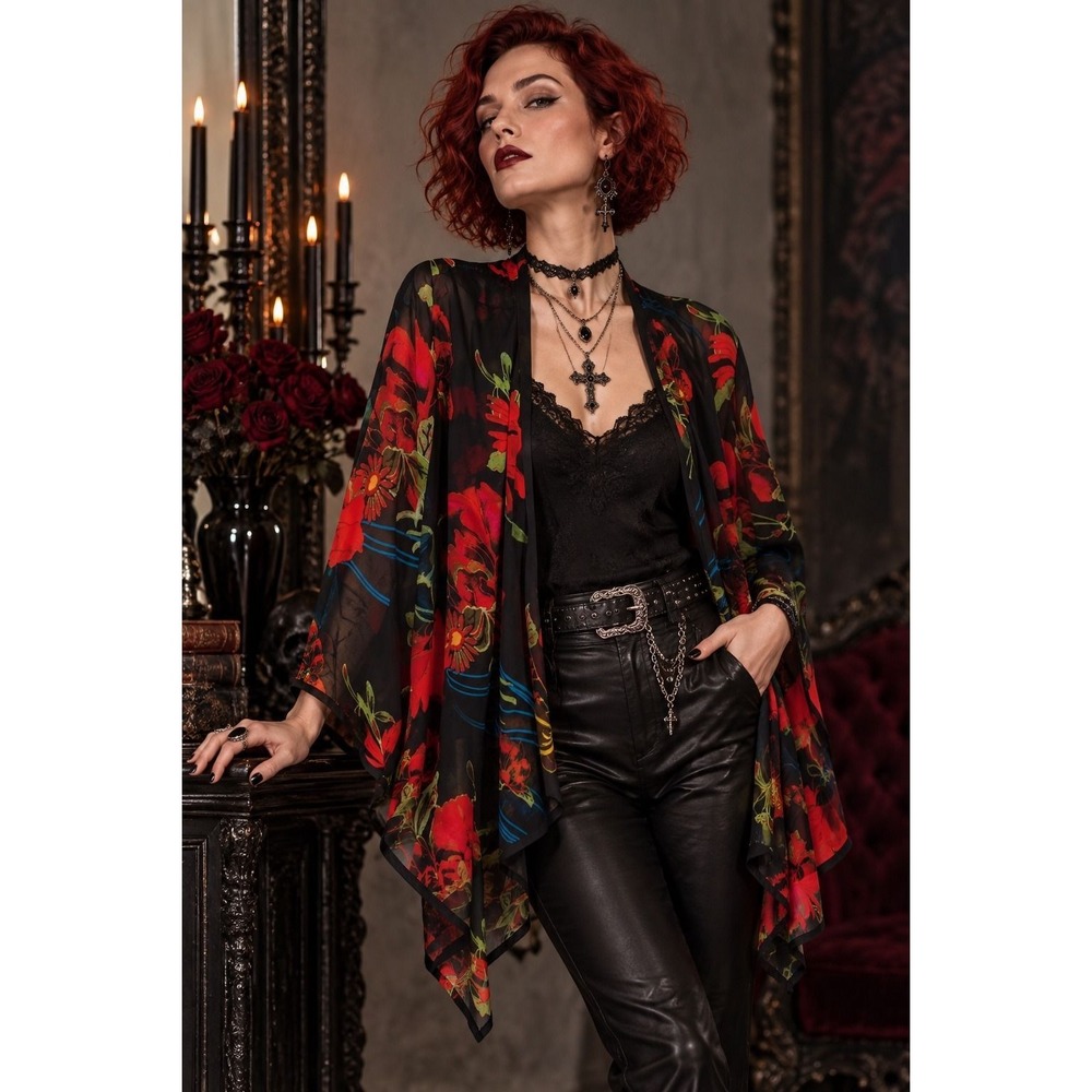 Lane Bryant Womens Red Floral Sheer Kimono Wrap Open Front Cardigan 18/20